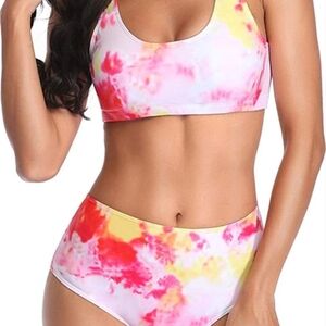 Pink and Yellow High-Waisted Bikini Set